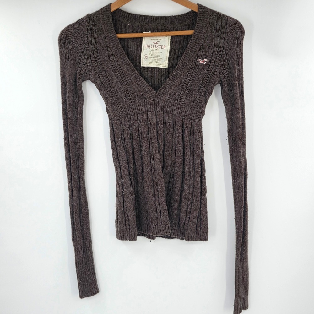 Hollister Y2K Brown Cable Knit V-Neck Empire Waist Sweater XS